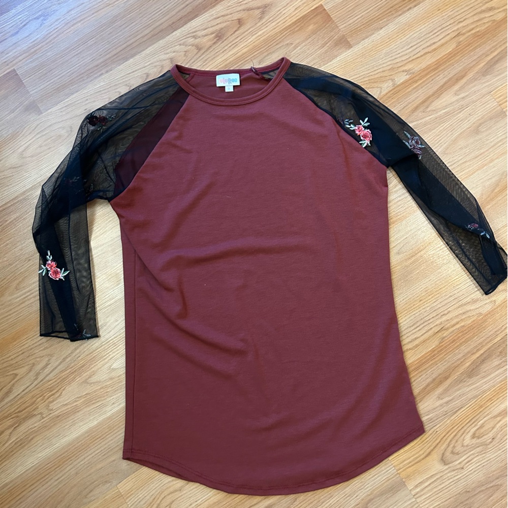 LuLaRoe Burgundy Top with Black Sheer Sleeves